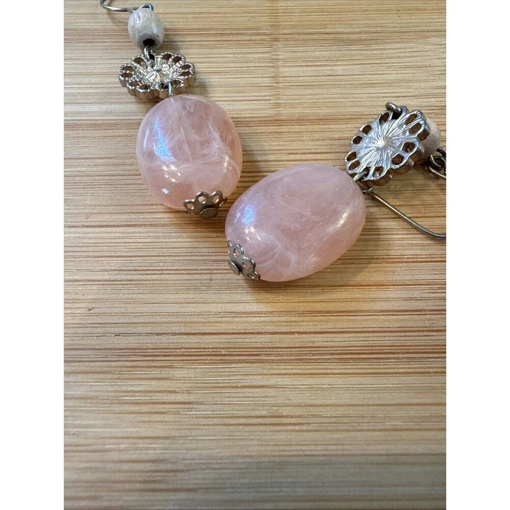 Pink Stone Beaded Floral Vintage Unbranded Dangle Drop Earrings